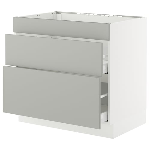 A SEKTION kitchen cabinet in light grey with a modern design and smooth-running drawers.