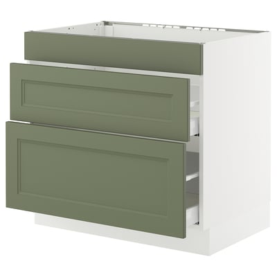 SEKTION kitchen cabinet in grey-green, modern classic design, three drawers, sleek finish.