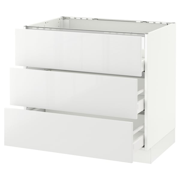 A white SEKTION kitchen cabinet with three drawers, featuring a modern, glossy design.