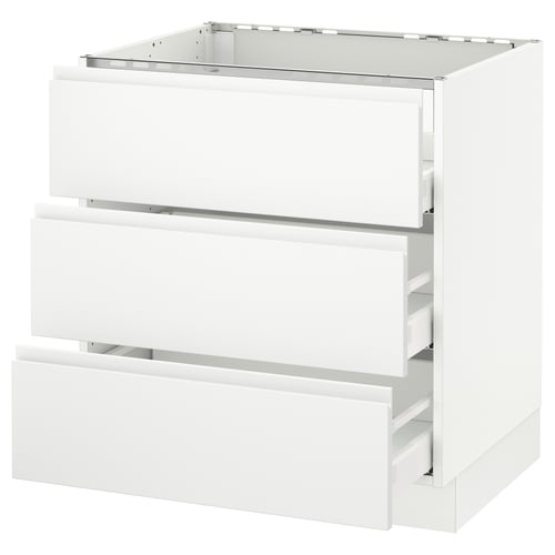 Modern white kitchen unit with integrated handles; three drawers, rectangular shape, minimalist design.