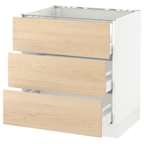 Three-drawer cabinet, white with light wood grain, modern design, smooth-running drawers.