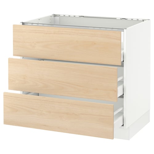 This image the ikea SEKTION kitchen cabinet in white with light ash wood-patterned drawers. It has three pull-out drawers and a sturdy frame.