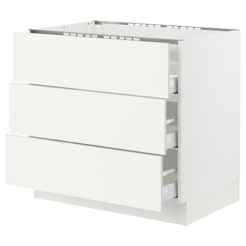 White SEKTION kitchen cabinet, modern design, three drawers with metal runners, sleek and minimalistic look.