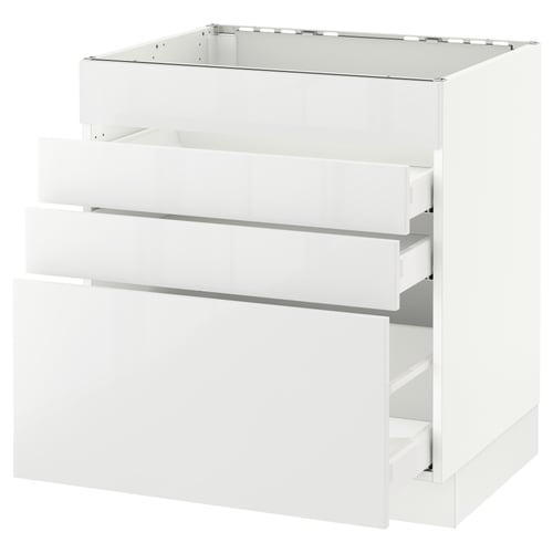 Modern white ikea SEKTION kitchen cabinet with three drawers, glossy finish, rectangular shape.