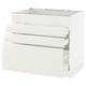 A white ikea SEKTION kitchen cabinet with three drawers and an open shelf at the top.