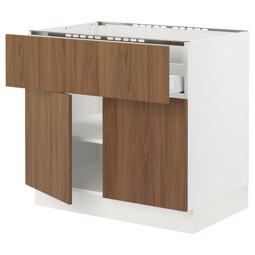 SEKTION kitchen unit - walnut & white wood, modern design, cabinets & drawers.