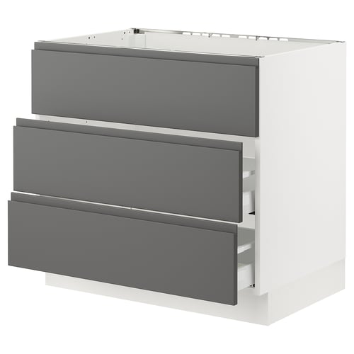White and grey 3-drawer kitchen cabinet, modern design with integrated handles.
