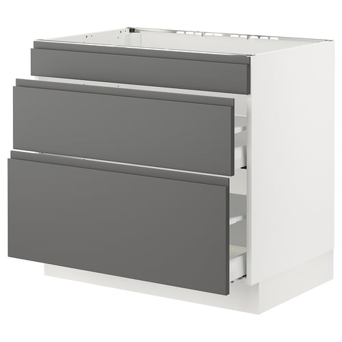 Modern grey kitchen unit with three drawers, sleek contemporary design.