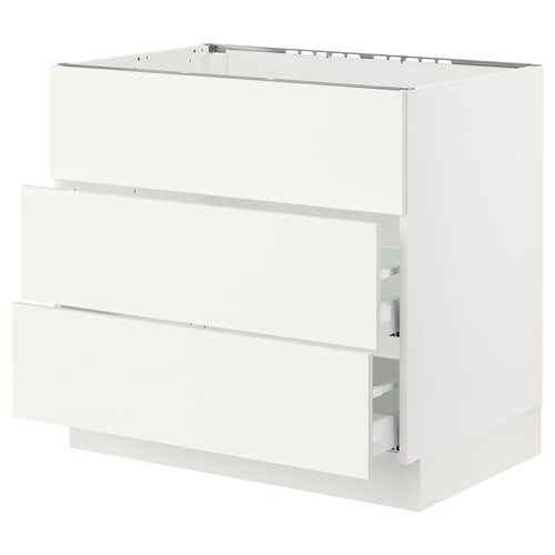 White SEKTION kitchen cabinet, three drawers, sleek modern design.