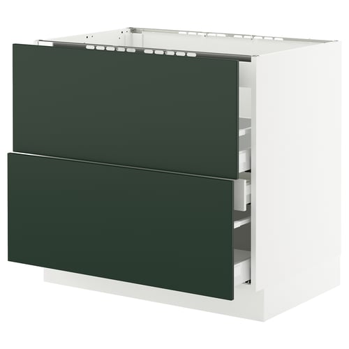 SEKTION kitchen unit in dark green with white base and soft-closing drawers.