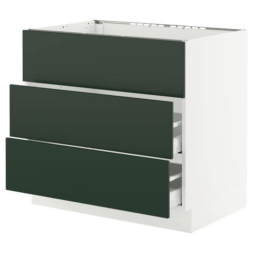 SEKTION kitchen unit, dark green, white frame, three drawers, modern design.