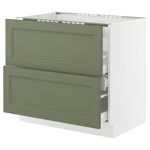 A SEKTION kitchen cabinet with two green-gray drawers and a white base. The design is modern with a classic touch.