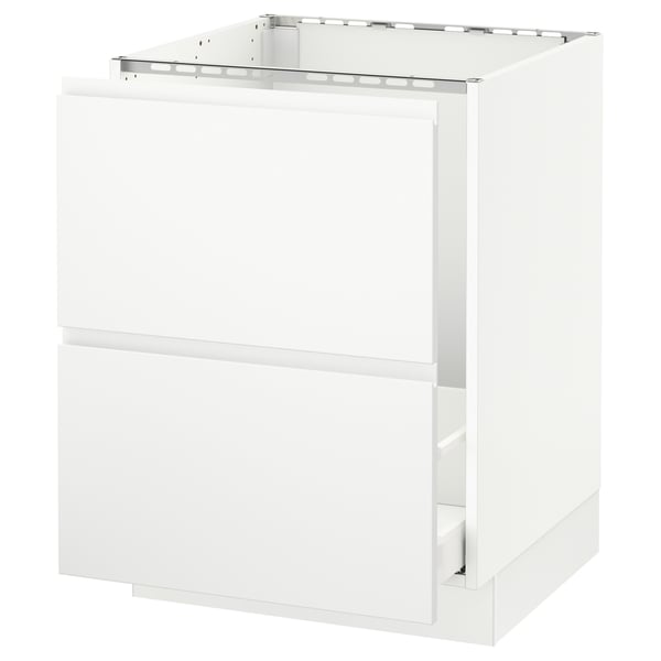 An ikea SEKTION white kitchen cabinet with a drawer and a top rail.
