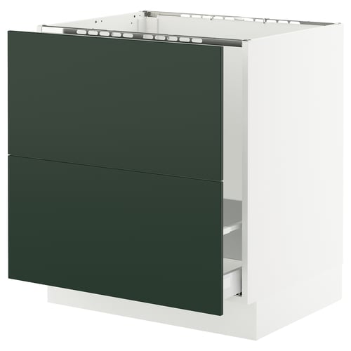 Modern dark green and white cabinet, two drawers, sleek design with minimalist handles.