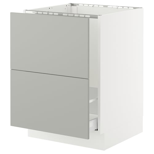 Modern white and grey kitchen cabinet. Rectangular shape with two drawers. Made of metal and particleboard.