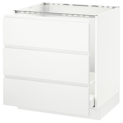 A white SEKTION kitchen cabinet with a sleek, modern design and integrated handles. It multiple drawers with smooth-running slides.