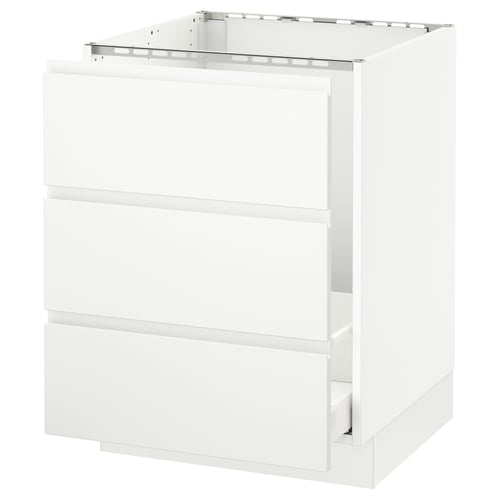A modern white kitchen cabinet from the SEKTION series with three drawers, featuring a sleek and minimalist design.