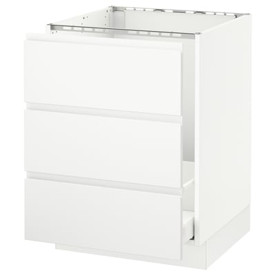 A modern white kitchen cabinet from the SEKTION series with three drawers, featuring a sleek and minimalist design.