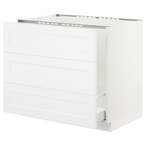SEKTION white kitchen cabinet. Modern, rectangular design. Three drawers, top open space. Sturdy and sleek.