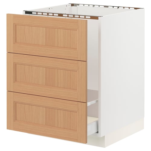 SEKTION kitchen cabinet with oak drawers, white frame.