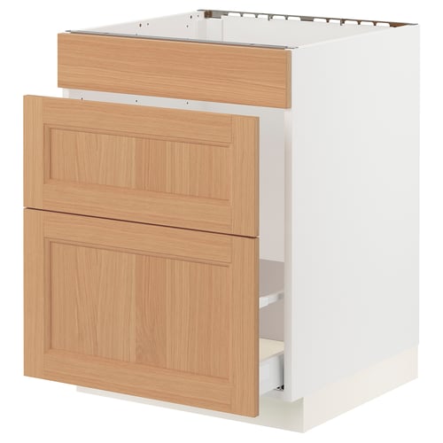 Ikea SEKTION oak kitchen cabinet with drawers, white frame.