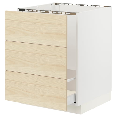 An ikea SEKTION kitchen cabinet with light ash wood panels and white frame.