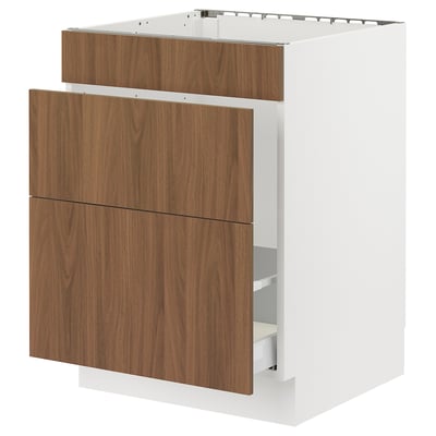 Ikea SEKTION kitchen unit in modern walnut with smooth white cabinet base. Two wooden drawers with handles.