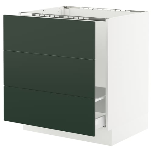 A modern green kitchen cabinet with three drawers and white base.