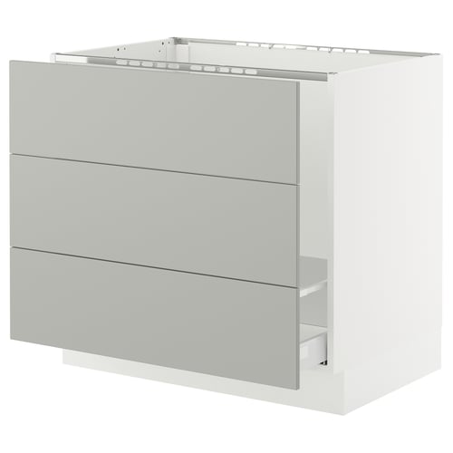 Modern grey SEKTION kitchen cabinet with three drawers and minimalist design.