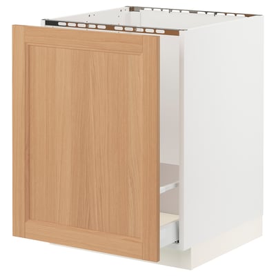 Ikea SEKTION white & oak cabinet, modern kitchen storage unit.