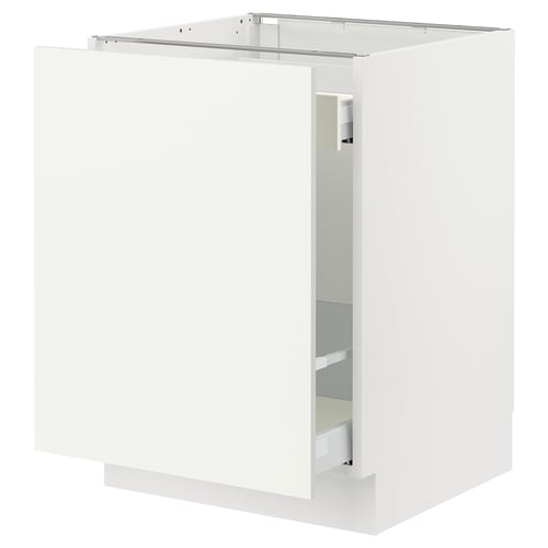 This image shows a white SEKTION kitchen cabinet with open drawers, displaying its sturdy frame and smooth-running drawers.