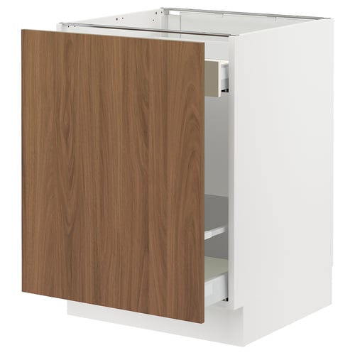 White SEKTION kitchen cabinet with walnut door, rectangle, modern minimalist design.