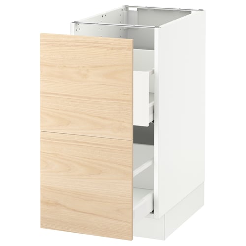 An ikea SEKTION kitchen cabinet with an askersund light ash wood pattern drawer and a white base.