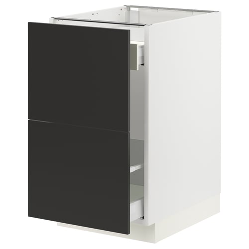 SEKTION black kitchen cabinet, modern design, square shape, with smooth drawers, white sides.