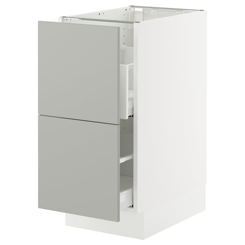 A modern, grey SEKTION kitchen cabinet with a sleek, rectangular shape and smooth surfaces. It has two drawers with a minimalist design.