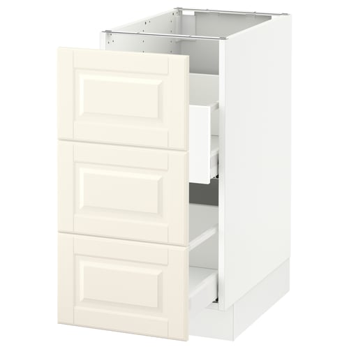A white SEKTION kitchen cabinet with three drawers, featuring off-white bodbyn fronts with bevelled edges and a traditional design.