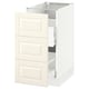A white SEKTION kitchen cabinet with three drawers, featuring off-white bodbyn fronts with bevelled edges and a traditional design.
