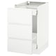 SEKTION white kitchen cabinet, modern, minimalist design, three drawers, high-gloss finish.