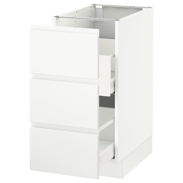 Displays a white SEKTION kitchen cabinet with three drawers. The clean design modern minimalist lines.