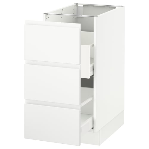 Displays a white SEKTION kitchen cabinet with three drawers. The clean design modern minimalist lines.