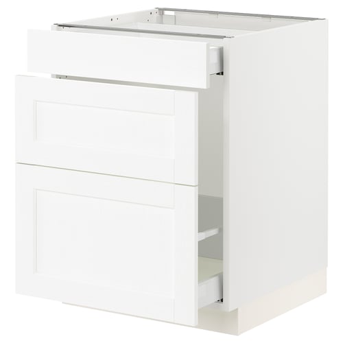 SEKTION white cabinet, modern kitchen unit, boxy design, white wood, metal runners, three drawers.