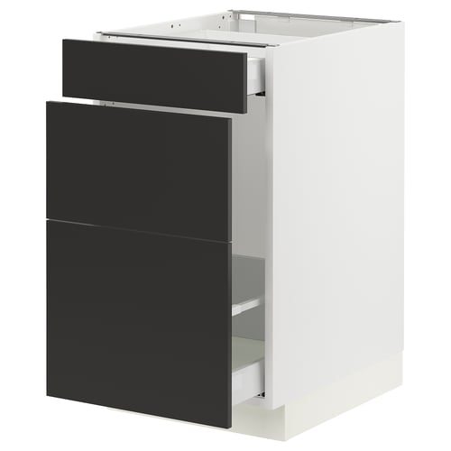 Modern kitchen unit with white cabinet and black drawers, sleek and minimalist design.