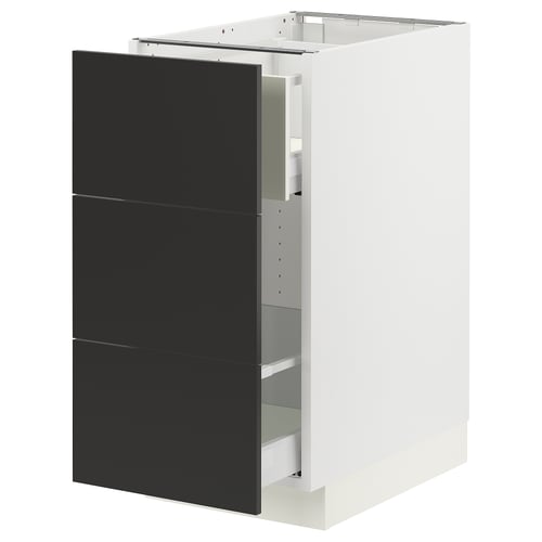 SEKTION kitchen cabinet, white, with matt black nickebo fronts, modern, rectangular, sleek design, metallic handles.