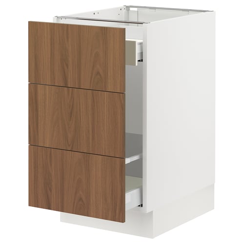 White SEKTION cabinet with three brown wooden drawers.