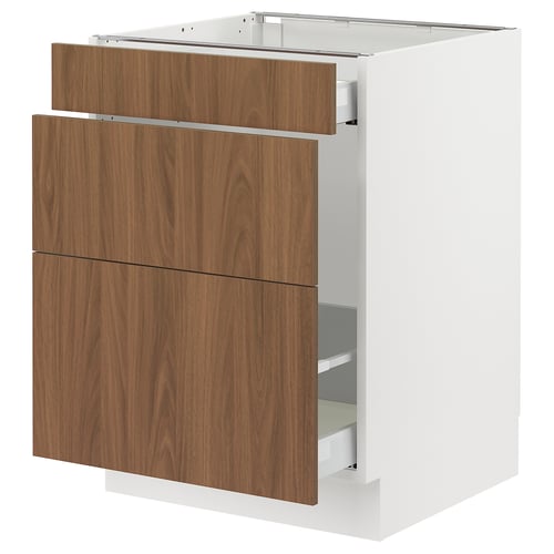 SEKTION kitchen unit, white with walnut drawers, modern minimalist design.