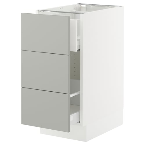 Grey 3-drawer ikea SEKTION kitchen cabinet with smooth fronts.