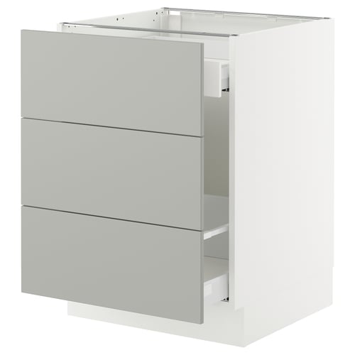 Modern grey kitchen cabinet, three drawers, sleek and minimalist design.