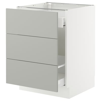 Modern grey kitchen cabinet, three drawers, sleek and minimalist design.