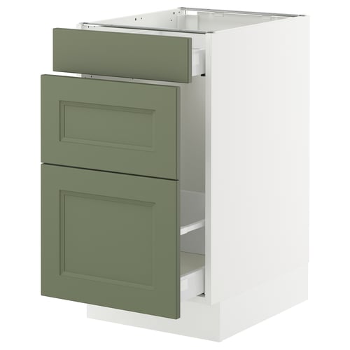 Ikea SEKTION cabinet, grey-green, modern/traditional design, 3 drawers, white base.
