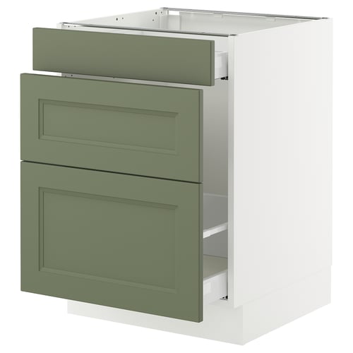 Modern kitchen cabinet in grey-green with two drawers, sleek design, white frame.